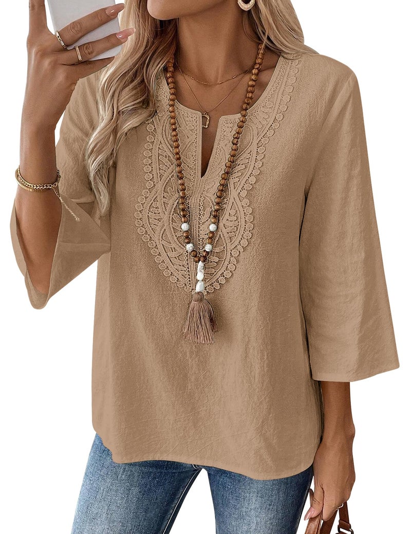 LOMON Womens Tops Dressy Casual 3/4 Length Sleeve Linen Shirts for Women Boho Summer Vacation Women's Clothing Dark Khaki - Image 1
