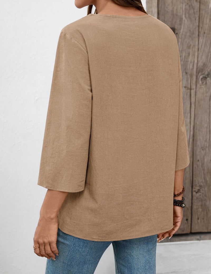 LOMON Womens Tops Dressy Casual 3/4 Length Sleeve Linen Shirts for Women Boho Summer Vacation Women's Clothing Dark Khaki - Image 4