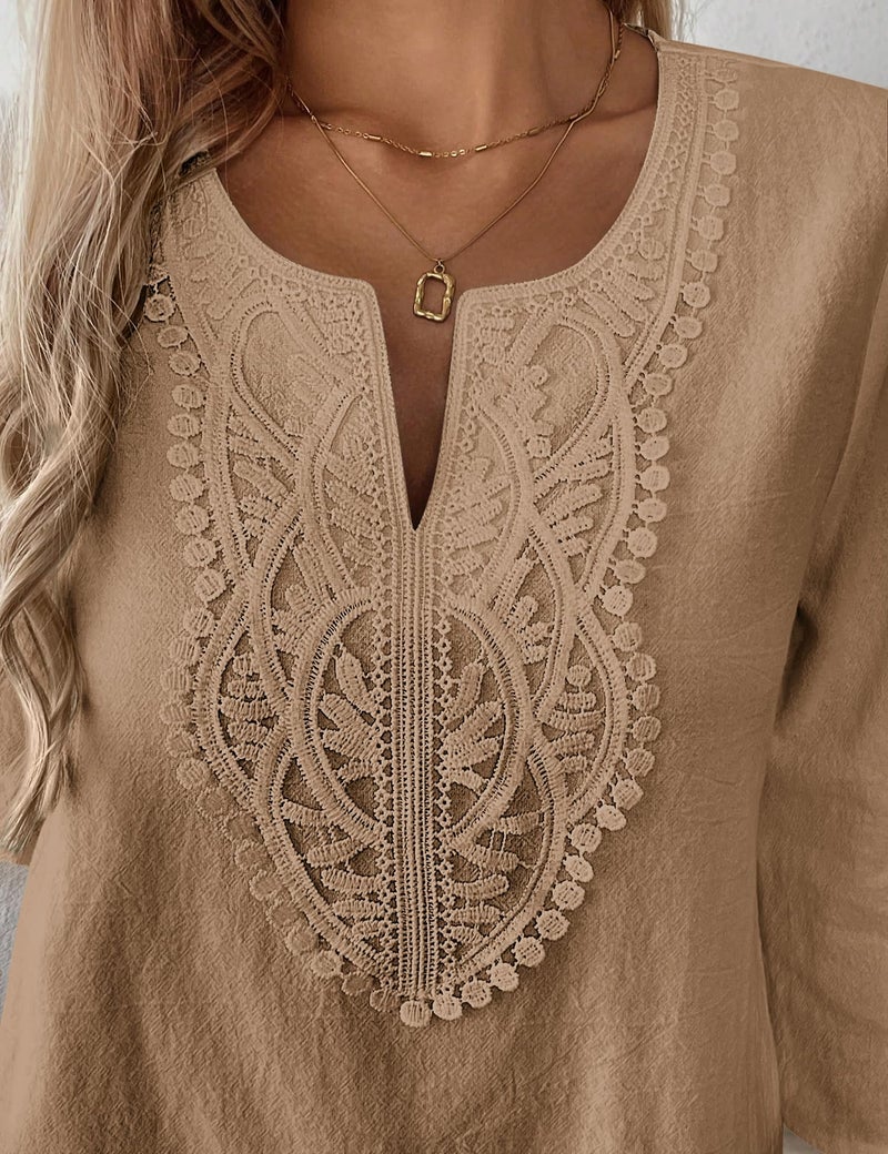 LOMON Womens Tops Dressy Casual 3/4 Length Sleeve Linen Shirts for Women Boho Summer Vacation Women's Clothing Dark Khaki - Image 5