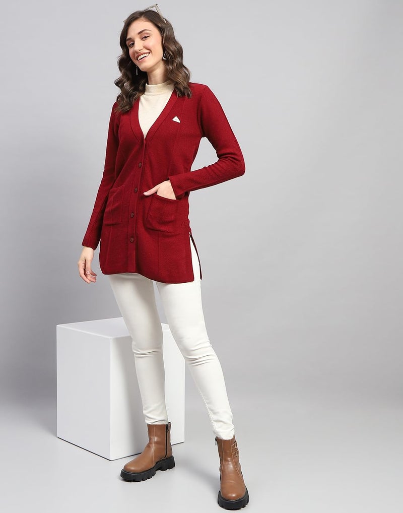 Monte Carlo Womens Self Design Red V Neck Full Sleeve Cardigan (1243533VN-1140-34) - Image 5