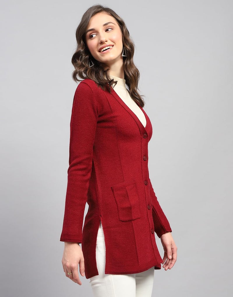 Monte Carlo Womens Self Design Red V Neck Full Sleeve Cardigan (1243533VN-1140-34) - Image 3