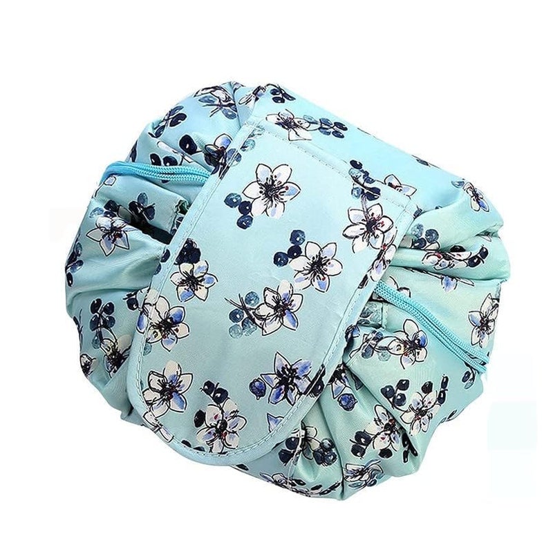 Women's Convenient and Waterproof Multifunction Portable Lazy Travel Cosmetic Storage Makeup Organizer Toiletry Bag with Drawstrings (Blue Floral)