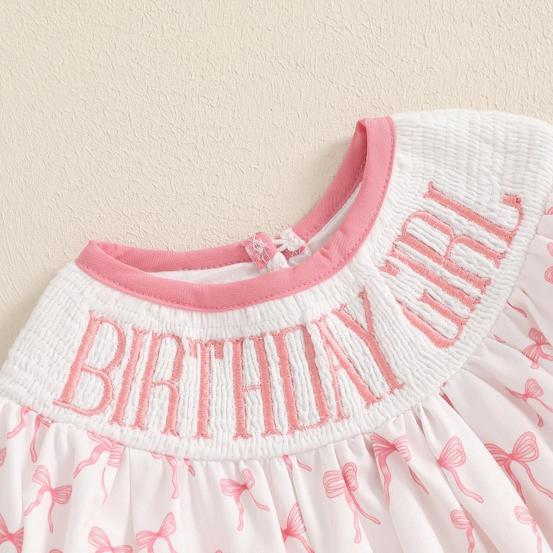 Lamuusaa Toddler Baby Girl Birthday Outfit Smocked Birthday Girl Embroidery Romper Bow Print Bodysuit Summer Outfit (White, 6-12 Months) - Image 3