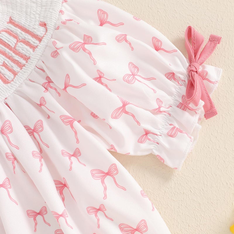Lamuusaa Toddler Baby Girl Birthday Outfit Smocked Birthday Girl Embroidery Romper Bow Print Bodysuit Summer Outfit (White, 6-12 Months) - Image 4