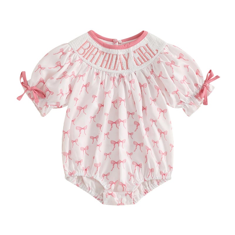 Lamuusaa Toddler Baby Girl Birthday Outfit Smocked Birthday Girl Embroidery Romper Bow Print Bodysuit Summer Outfit (White, 6-12 Months) - Image 1