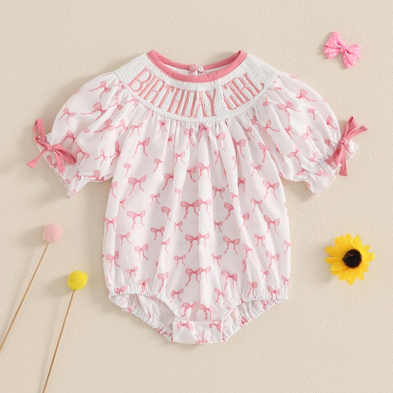 Lamuusaa Toddler Baby Girl Birthday Outfit Smocked Birthday Girl Embroidery Romper Bow Print Bodysuit Summer Outfit (White, 6-12 Months) - Image 2