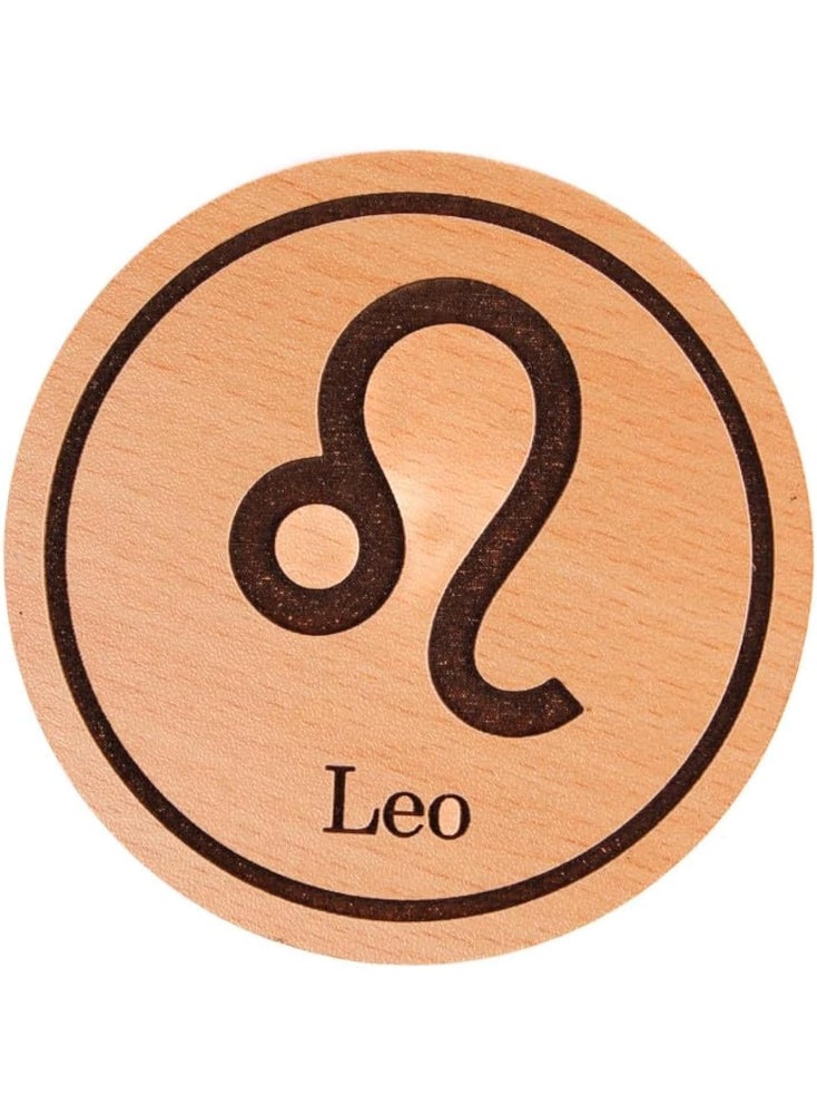 MATEX Wooden Coaster Laser-Engraved and Melamine-Coated with A Leo Logo, Diameter 9 cm