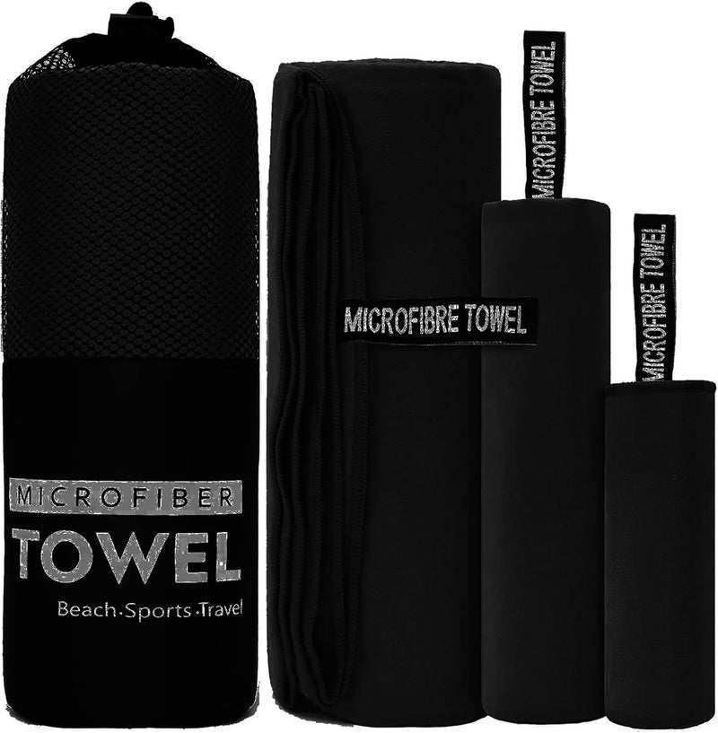 sheful Quick Dry Towel - 3 Size Pack of Lightweight Microfiber Travel Towels w/Bag, 30x30cm, 40x60cm, 60x122cm- Fast Drying Towel Set for Camping, Beach, Gym, Backpacking, Sports, Yoga， Square Bag - Black - Image 1