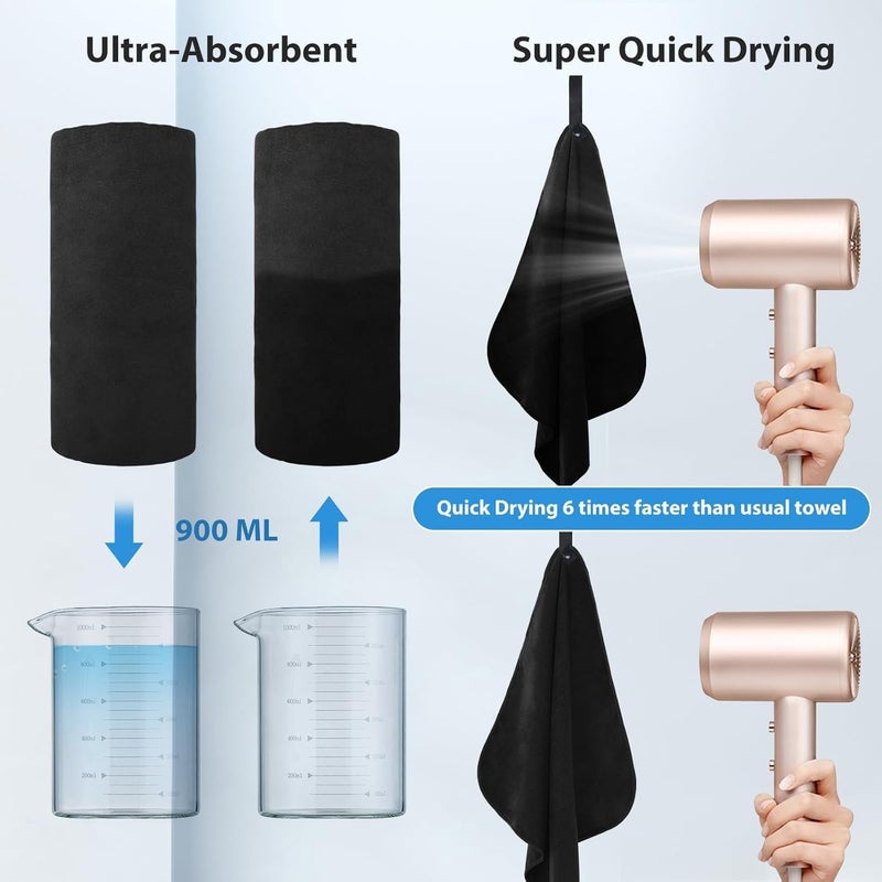 sheful Quick Dry Towel - 3 Size Pack of Lightweight Microfiber Travel Towels w/Bag, 30x30cm, 40x60cm, 60x122cm- Fast Drying Towel Set for Camping, Beach, Gym, Backpacking, Sports, Yoga， Square Bag - Black - Image 3
