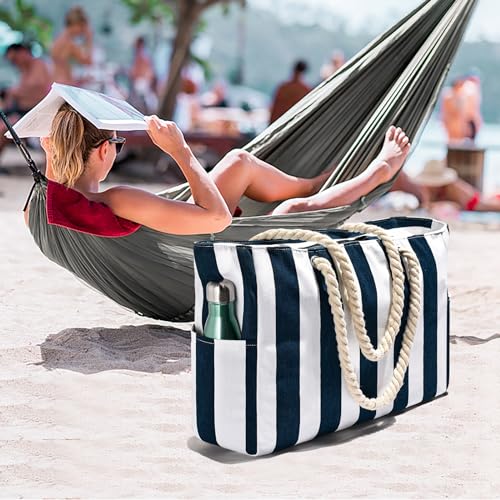 Becokan Beach Bags for Women Pool Bag Waterproof Sandproof Beach Bag Large Beach Swim Bag with Zipper Stripe Beach Bag Tote - Image 5