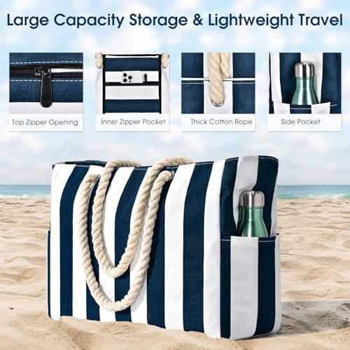 Becokan Beach Bags for Women Pool Bag Waterproof Sandproof Beach Bag Large Beach Swim Bag with Zipper Stripe Beach Bag Tote - Image 3