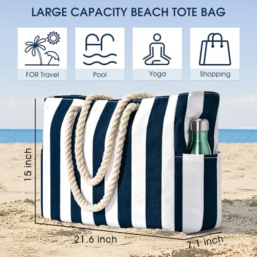 Becokan Beach Bags for Women Pool Bag Waterproof Sandproof Beach Bag Large Beach Swim Bag with Zipper Stripe Beach Bag Tote - Image 4