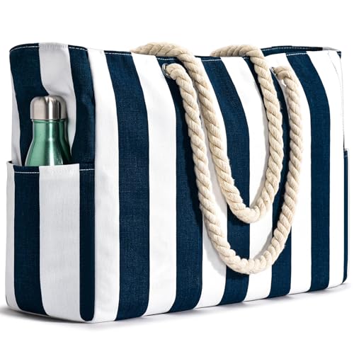 Becokan Beach Bags for Women Pool Bag Waterproof Sandproof Beach Bag Large Beach Swim Bag with Zipper Stripe Beach Bag Tote - Image 1