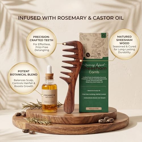 Organic B Rosemary Infused Indian Rosewood Sheesham Extra Wide Tooth Comb for Curly Thick Hair, Detangling Comb with Curved Handle, Anti Frizz Scalp Massage, Gentle on Hair for Women Men, Handmade Wooden Grooming Tool - Image 3