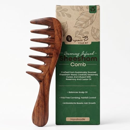 Organic B Rosemary Infused Indian Rosewood Sheesham Extra Wide Tooth Comb for Curly Thick Hair, Detangling Comb with Curved Handle, Anti Frizz Scalp Massage, Gentle on Hair for Women Men, Handmade Wooden Grooming Tool - Image 1