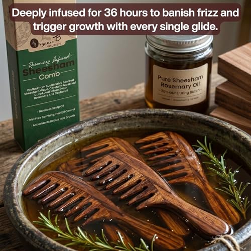 Organic B Rosemary Infused Indian Rosewood Sheesham Extra Wide Tooth Comb for Curly Thick Hair, Detangling Comb with Curved Handle, Anti Frizz Scalp Massage, Gentle on Hair for Women Men, Handmade Wooden Grooming Tool - Image 5