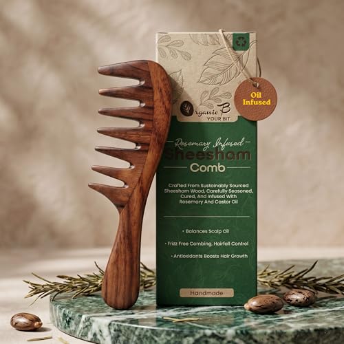 Organic B Rosemary Infused Indian Rosewood Sheesham Extra Wide Tooth Comb for Curly Thick Hair, Detangling Comb with Curved Handle, Anti Frizz Scalp Massage, Gentle on Hair for Women Men, Handmade Wooden Grooming Tool - Image 2