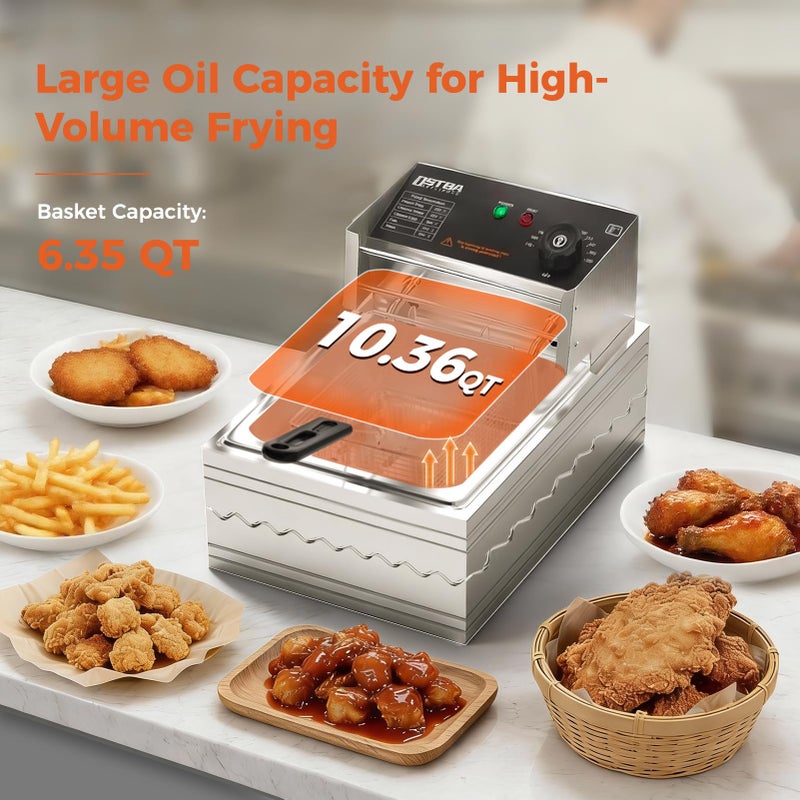 OSTBA Deep Fryer with Basket, 10.36QT Deep Fryer, 1600W Stainless Steel Commercial Deep Fryer with Adjustable Temperature 140â€“390â„‰, Removable Basket & Oil Tank - Image 2