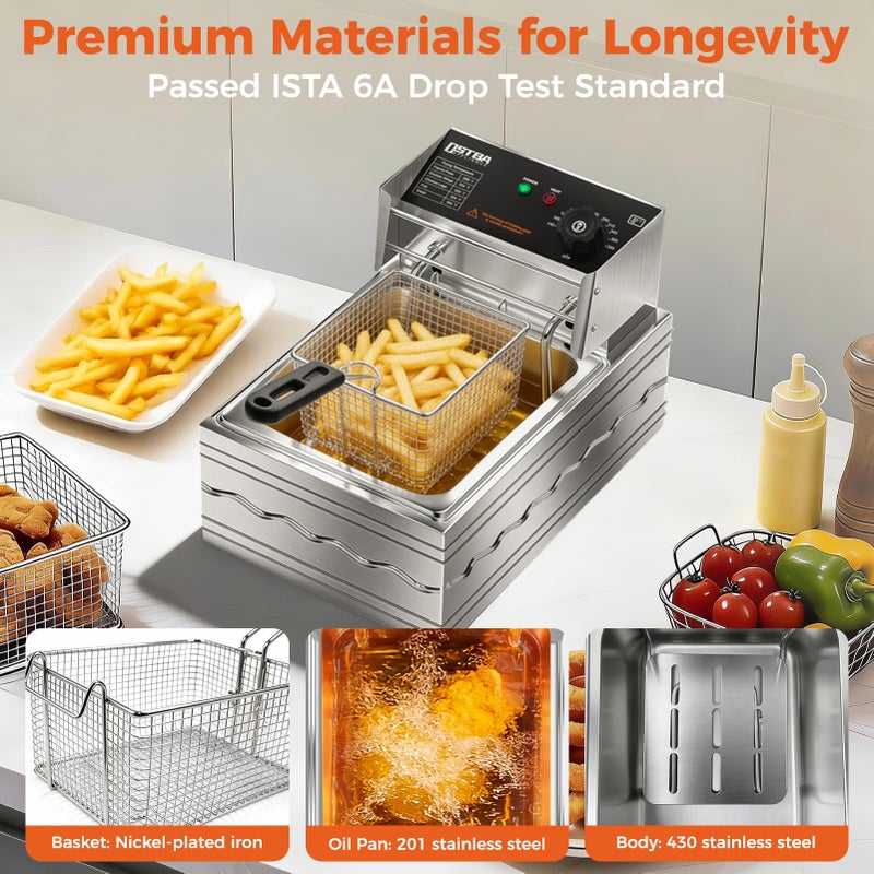 OSTBA Deep Fryer with Basket, 10.36QT Deep Fryer, 1600W Stainless Steel Commercial Deep Fryer with Adjustable Temperature 140â€“390â„‰, Removable Basket & Oil Tank - Image 5