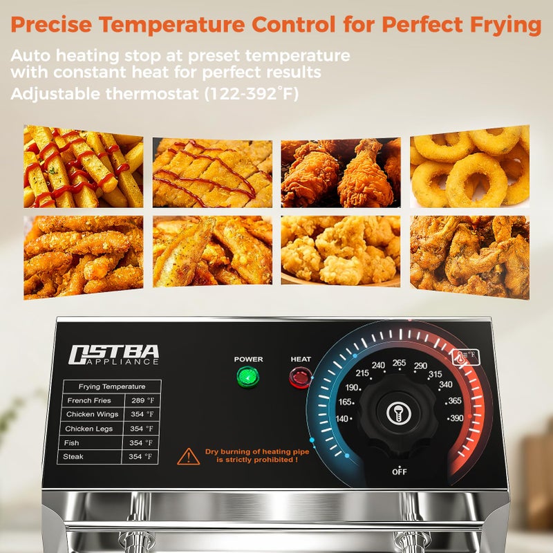 OSTBA Deep Fryer with Basket, 10.36QT Deep Fryer, 1600W Stainless Steel Commercial Deep Fryer with Adjustable Temperature 140â€“390â„‰, Removable Basket & Oil Tank - Image 4