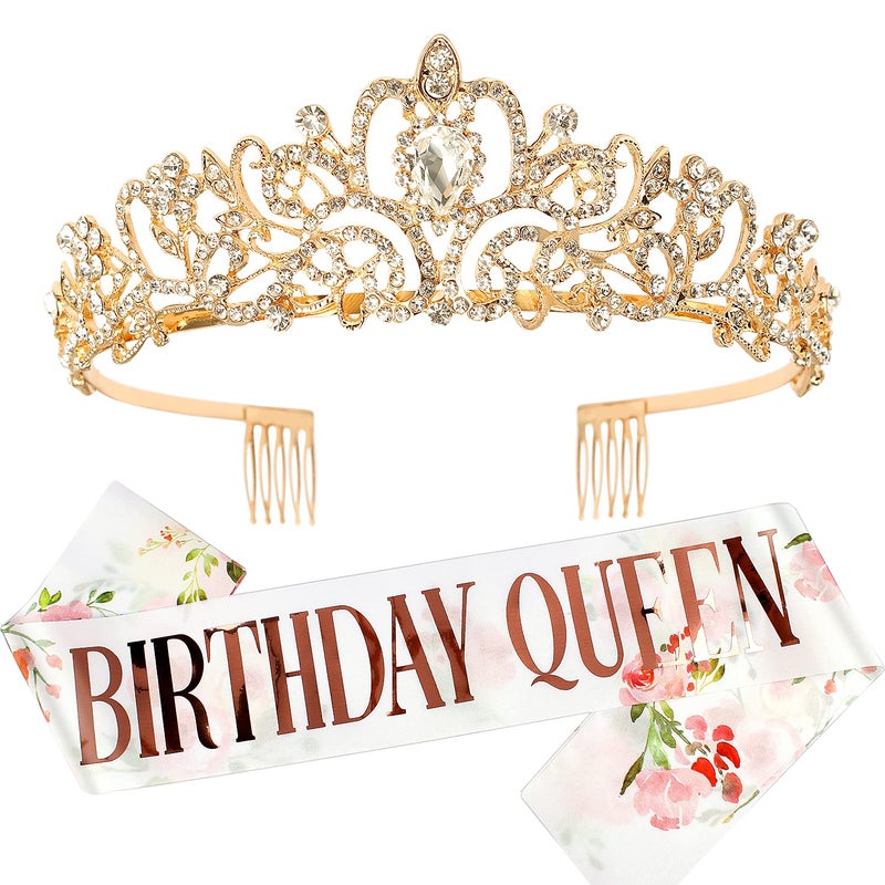 Velscrun Gold Prom Queen Tiara Crown for Women, Happy Birthday Flower Crown Sash, Party Favors Supplies, Cake Toppers, Halloween Cosplay - Image 1