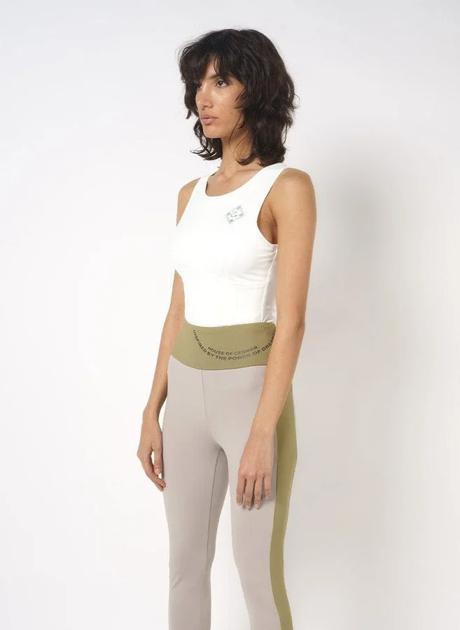 House Of Cenmar White Round Neck Bodysuit With Printed Logo