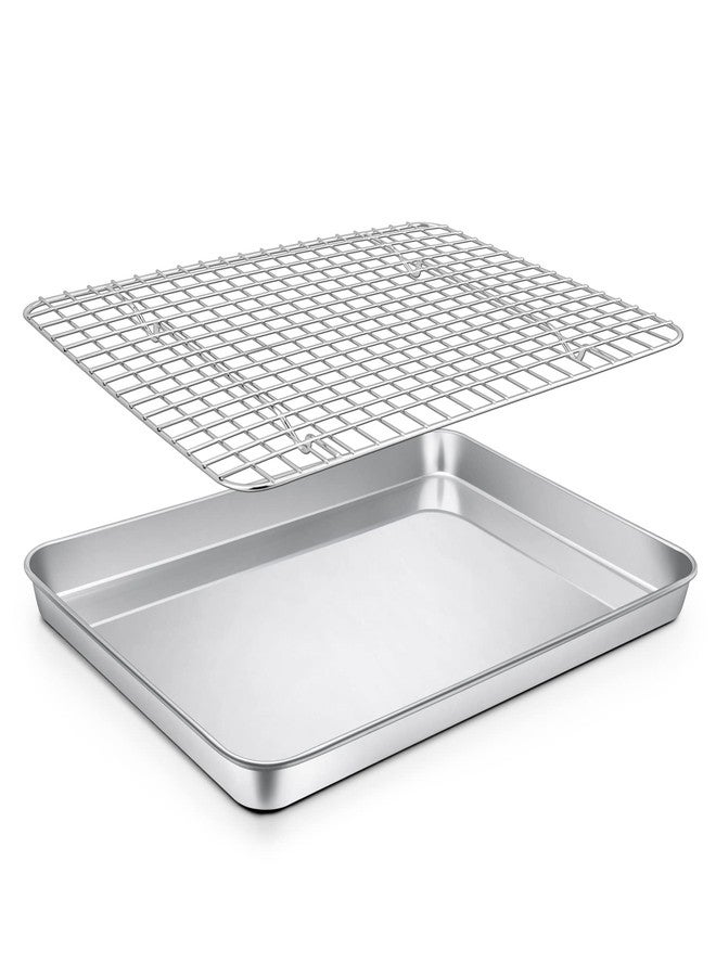 P&P CHEF 12.5 Inch Toaster Oven Pan with Rack Set, Stainless Steel Baking Pan Tray and Grid Cooling Rack for Cooking/Roasting, Dishwasher Safe & Easy to Clean, Non-toxic & Sturdy, (2Pcs) - Image 1