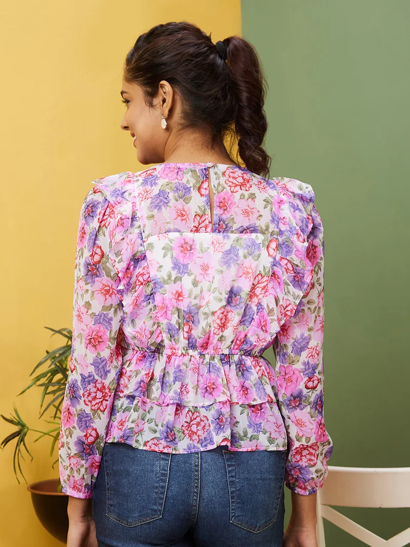 globus Globus Women Pink Floral Printed V-Neck Puff Sleeve Ruffled Georgette Wrap Top