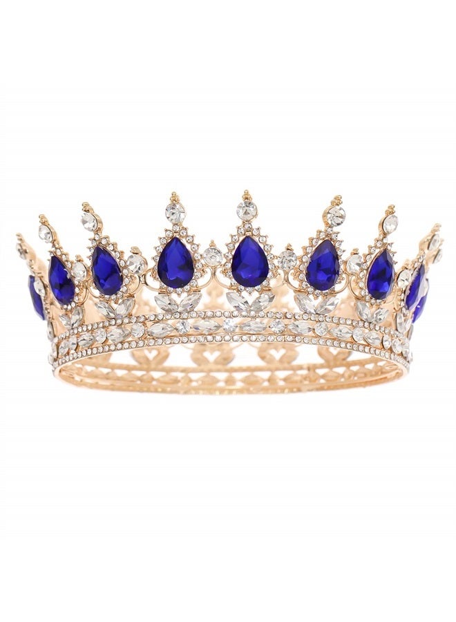 FORSEVEN Queen Crown Rhinestone Wedding Crowns and Tiaras for Women Costume Party Hair Accessories Princess Birthday Crown Crystal Bridal Crown (Gold+Blue) - Image 1