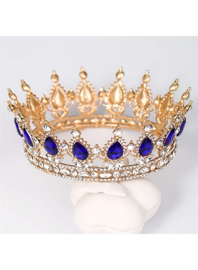 FORSEVEN Queen Crown Rhinestone Wedding Crowns and Tiaras for Women Costume Party Hair Accessories Princess Birthday Crown Crystal Bridal Crown (Gold+Blue) - Image 2