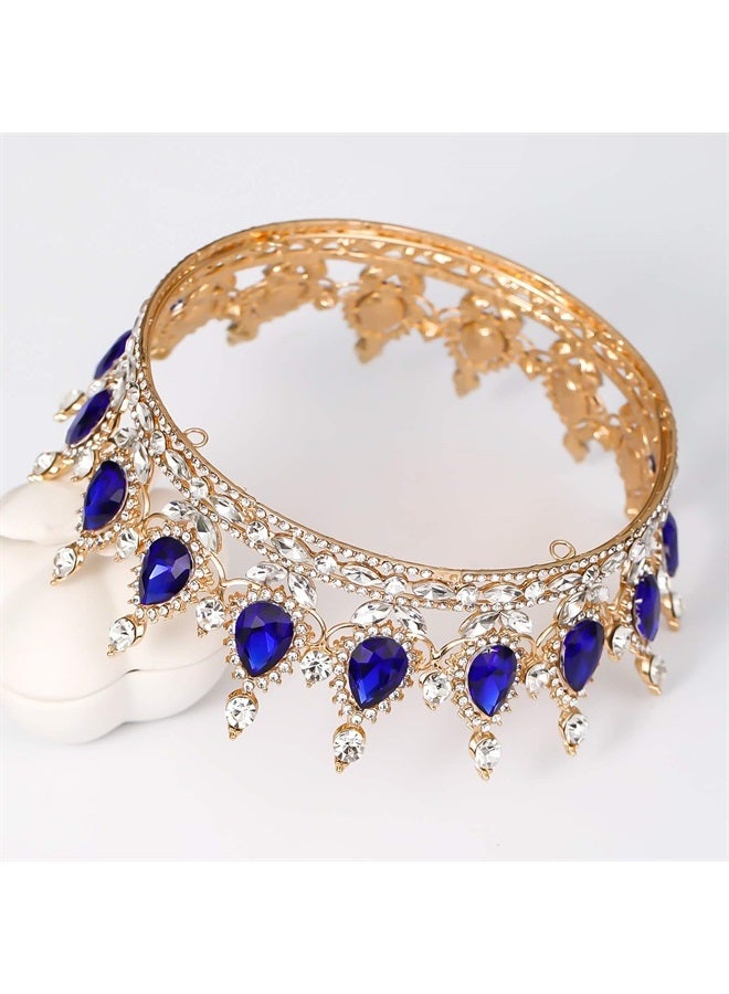 FORSEVEN Queen Crown Rhinestone Wedding Crowns and Tiaras for Women Costume Party Hair Accessories Princess Birthday Crown Crystal Bridal Crown (Gold+Blue) - Image 4