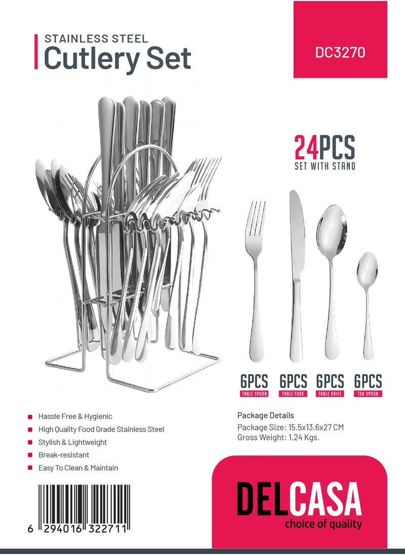 DELCASA - Delcasa 24Pc SS Cutlery Set with stand 6pcs table spoon 6pcs table fork 6pcs table spoon 6pcs tea spoon - Image 1