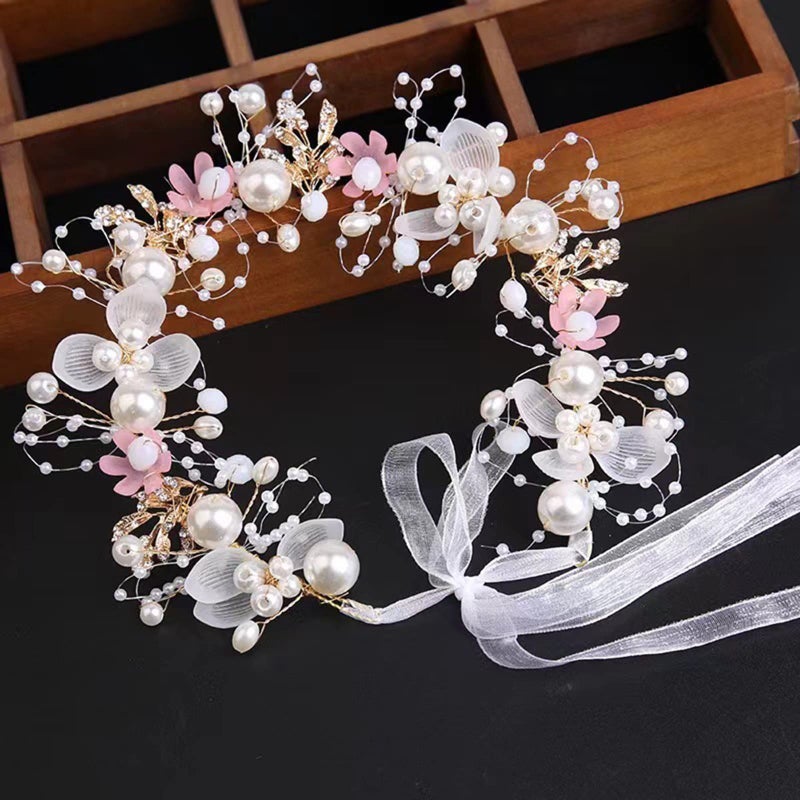 KAYZON Kids Flower Girl Pearl Headband, Princess Headpiece for Bridal Wedding, Women's Fashion Hair Accessory (Pink) - Image 1