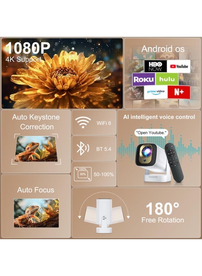 جهاز عرض ذكي صغير HY260 Pro بدقة 4K كامل HD 1920x1080 مع WiFi6 وبلوتوث 5.4 وتركيز تلقائي، مناسب للاستخدام الداخلي والخارجي والعرض اليومي والتسلية المنزلية والهدايا - Image 3