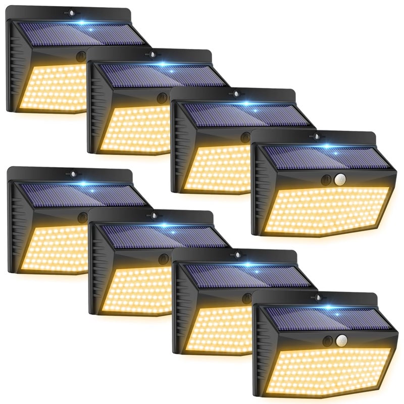 138 LED8 Packs Solar Motion Sensor Lights Outdoor Waterproof with 3 Lighting Modes Wall Lights Solar Security Powered Lights for Garden Fence Yard Deck Garage Warm White