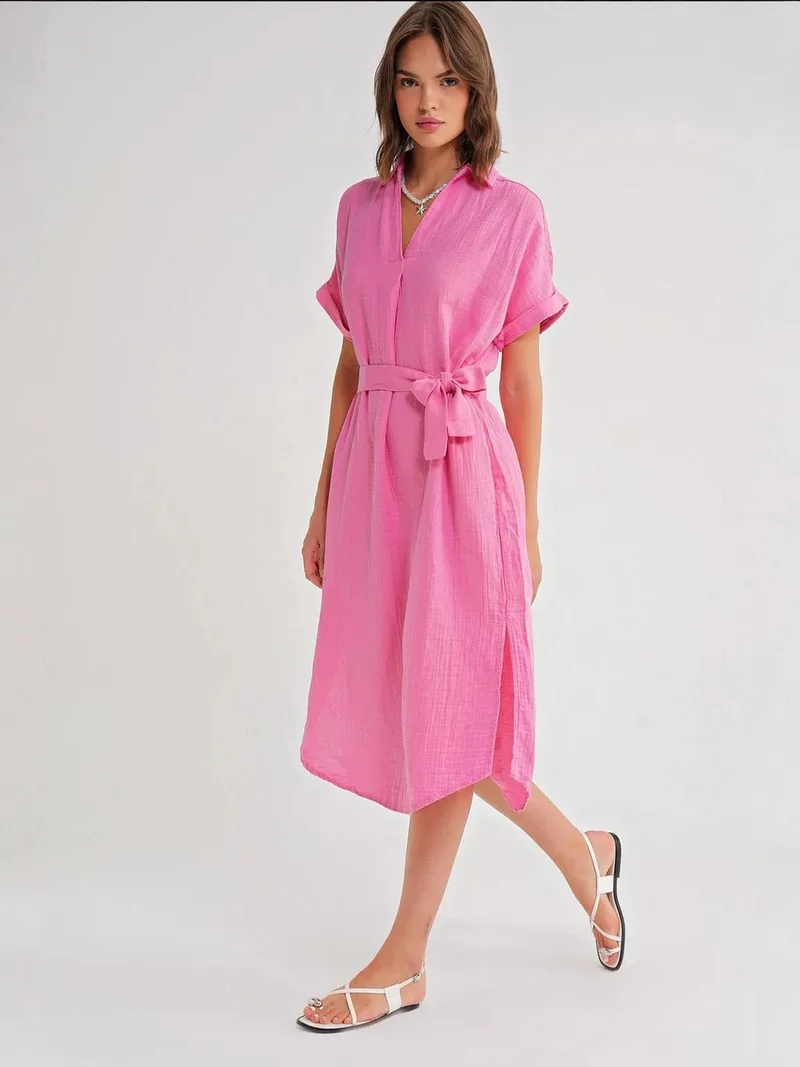 MixRay Powder Pink Mixray Belted Short-Sleeve Midi Dress for Women | Best Price UAE