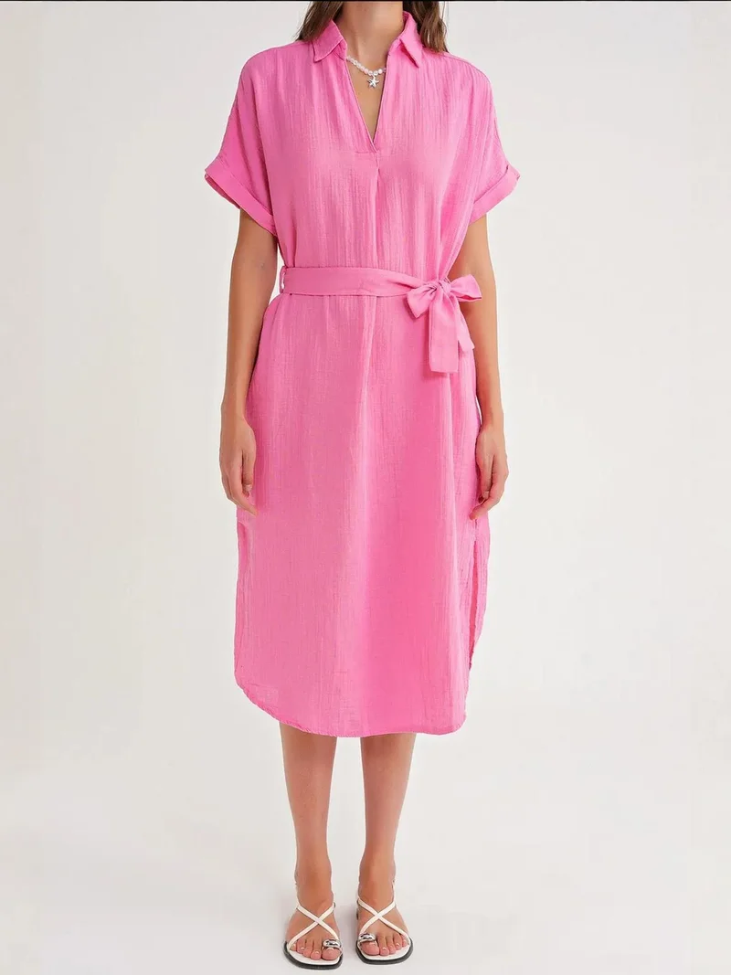 MixRay Powder Pink Mixray Belted Short-Sleeve Midi Dress for Women | Best Price UAE