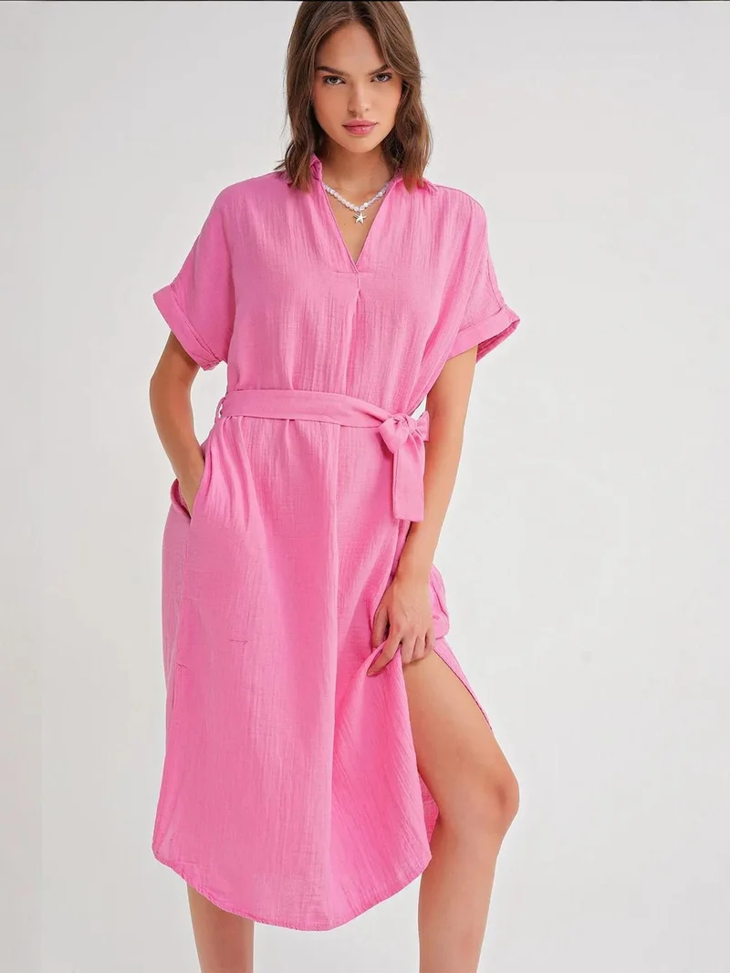 MixRay Powder Pink Mixray Belted Short-Sleeve Midi Dress for Women | Best Price UAE