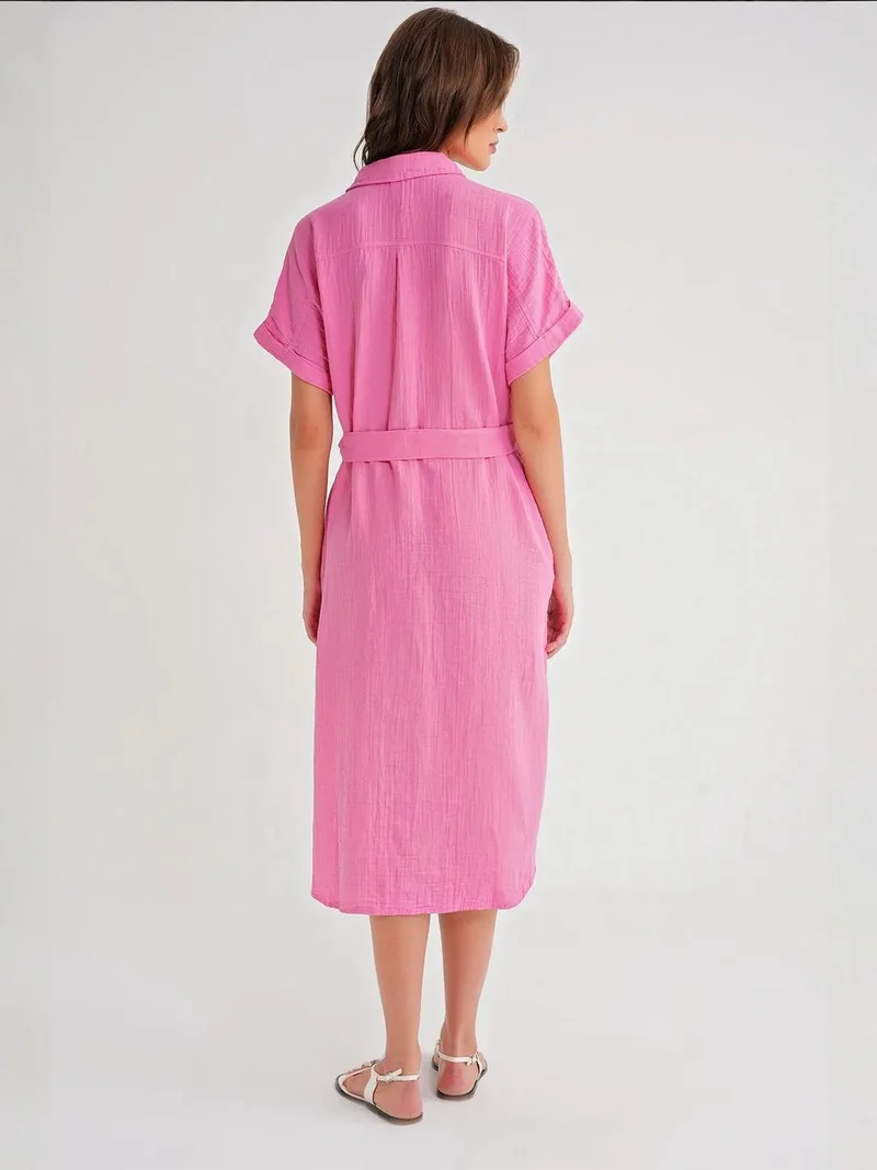 MixRay Powder Pink Mixray Belted Short-Sleeve Midi Dress for Women | Best Price UAE
