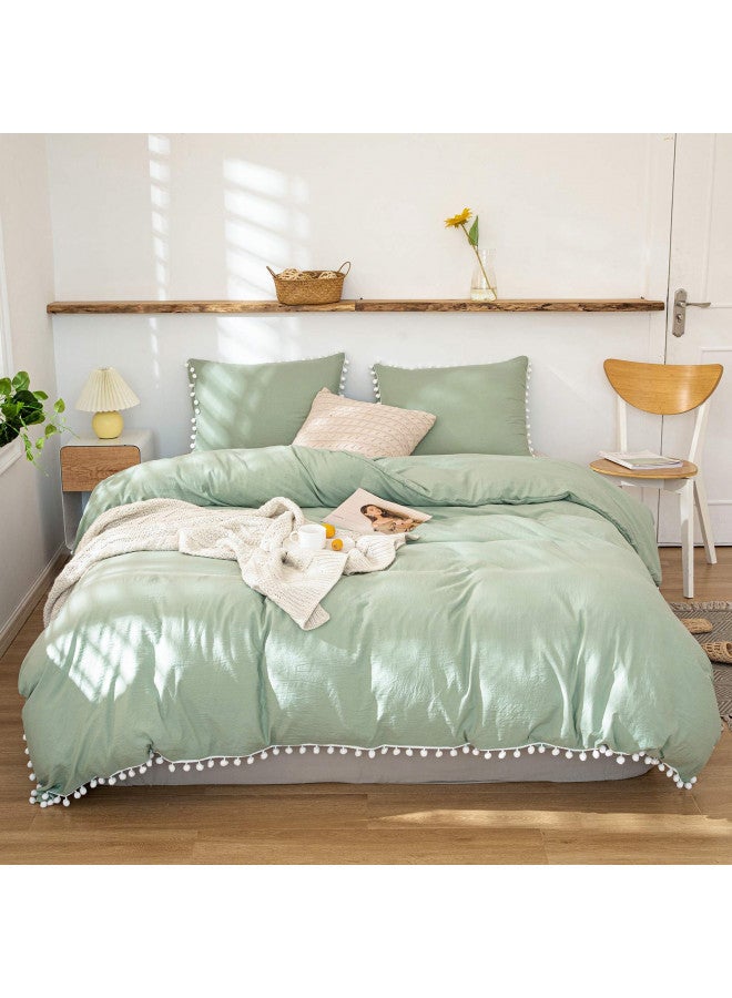 Bedbay Sage Green Comforter Set Twin Size Green Bedding Set Ultra Soft Microfiber Pom Pom Bedding Comforter Set 2-Pieces Boho Bedding Comforter Twin Size Farmhouse Bedding Set(Green, Twin) - Image 1