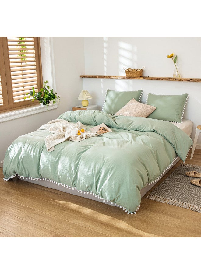 Bedbay Sage Green Comforter Set Twin Size Green Bedding Set Ultra Soft Microfiber Pom Pom Bedding Comforter Set 2-Pieces Boho Bedding Comforter Twin Size Farmhouse Bedding Set(Green, Twin) - Image 3