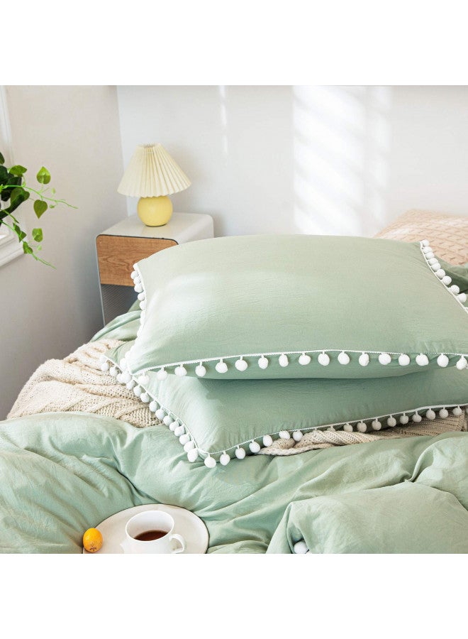 Bedbay Sage Green Comforter Set Twin Size Green Bedding Set Ultra Soft Microfiber Pom Pom Bedding Comforter Set 2-Pieces Boho Bedding Comforter Twin Size Farmhouse Bedding Set(Green, Twin) - Image 2