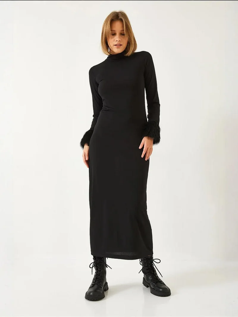 Bianco Lucci Black LUCCI Faux Fur Half Turtleneck Long Sleeve Midi Dress for Women | Best Price UAE