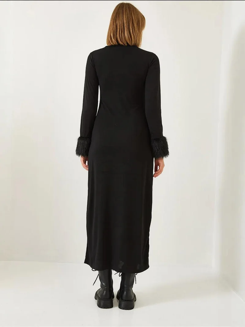 Bianco Lucci Black LUCCI Faux Fur Half Turtleneck Long Sleeve Midi Dress for Women | Best Price UAE