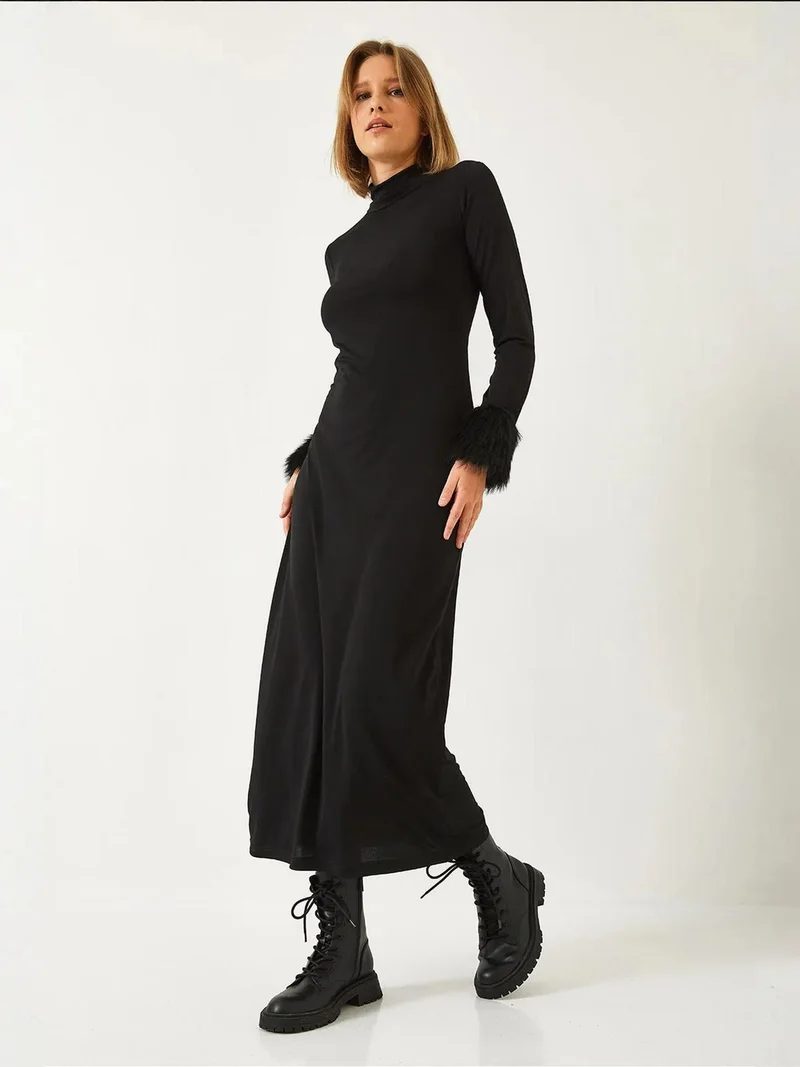 Bianco Lucci Black LUCCI Faux Fur Half Turtleneck Long Sleeve Midi Dress for Women | Best Price UAE