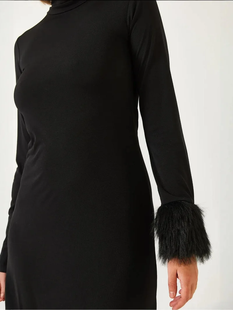 Bianco Lucci Black LUCCI Faux Fur Half Turtleneck Long Sleeve Midi Dress for Women | Best Price UAE