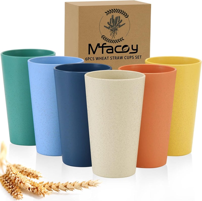 Mfacoy مجموعة أكواب مفاكوي من قش القمح عدد 6 سعة 20 أونصة أكواب غير قابلة للكسر قابلة لإعادة الاستخدام قابلة للتكديس مجموعة أكواب ماء للمطبخ خالية من BPA آمنة في غسالة الصحون والميكروويف بألوان 6 - Image 1