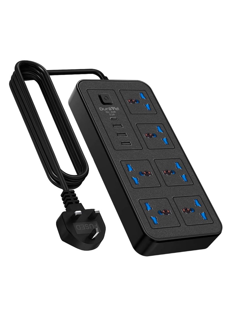 Duravel Universal Extension Lead/Cord with Multiple Functions, UK 3-Pin Plug Socket with 6 Outlets | 3 USB Ports | 1 Type-C Cable Port, 2M Power Strip for Home, Kitchen, and Office (BLACK) - Image 1