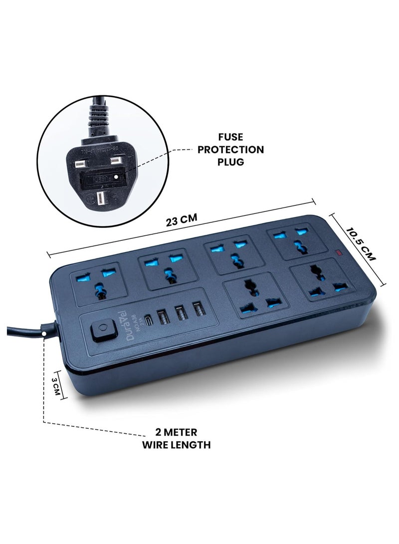Duravel Universal Extension Lead/Cord with Multiple Functions, UK 3-Pin Plug Socket with 6 Outlets | 3 USB Ports | 1 Type-C Cable Port, 2M Power Strip for Home, Kitchen, and Office (BLACK) - Image 2