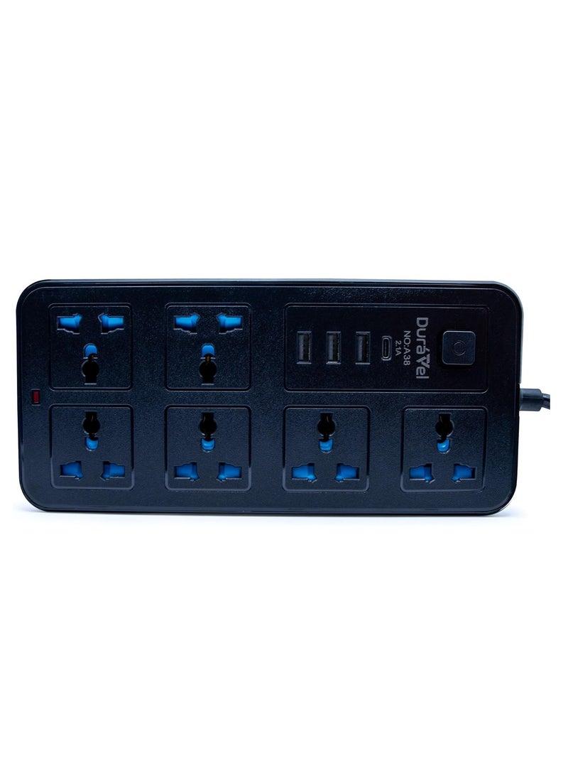 Duravel Universal Extension Lead/Cord with Multiple Functions, UK 3-Pin Plug Socket with 6 Outlets | 3 USB Ports | 1 Type-C Cable Port, 2M Power Strip for Home, Kitchen, and Office (BLACK) - Image 3